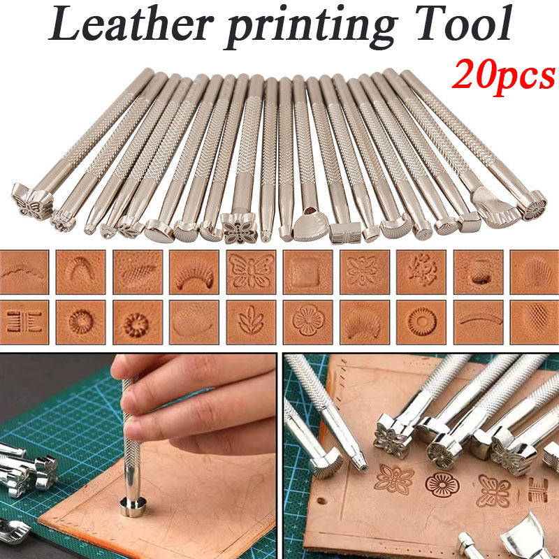Leatherwork Punch - 20-teiliges Leder-Siegel-Gravurwerkzeug-Set, Stempel- und Prägewerkzeug-Kit, Gravurwerkzeuge