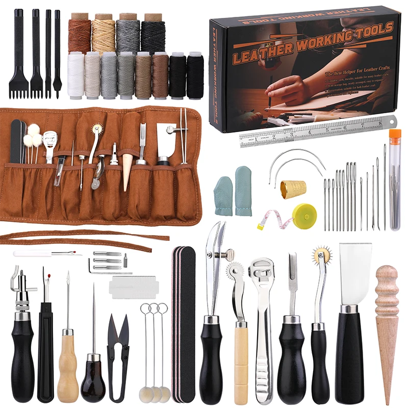 Leatherwork Punch - KRABALL Professionelles Lederhandwerk-Werkzeugset, Handnähen, Reparaturset, Wachsfaden,